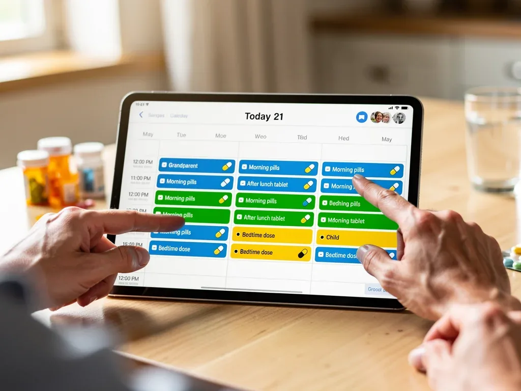 Digital medication schedule on tablet for multi-generational family