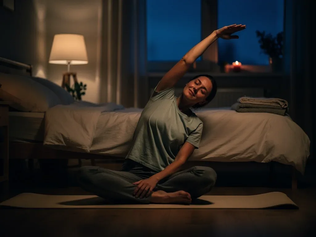 Person stretching gently in dim room before sleep