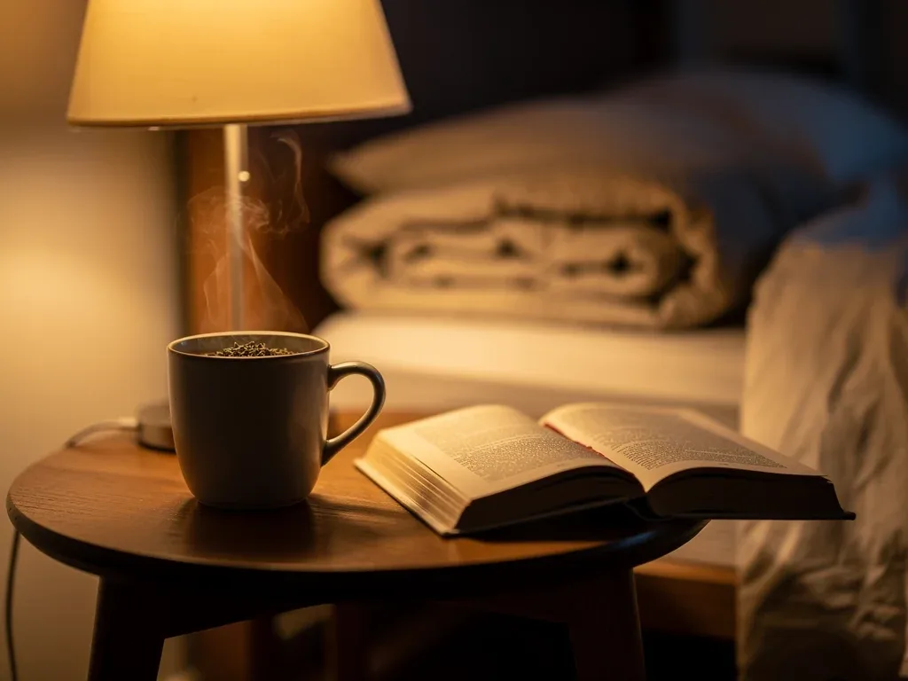 Herbal tea and book on bedside table for relaxation