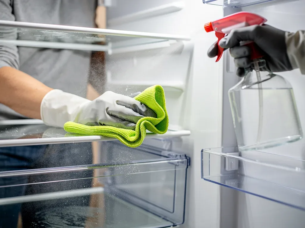 Person cleaning refrigerator interior shelves and drawers
