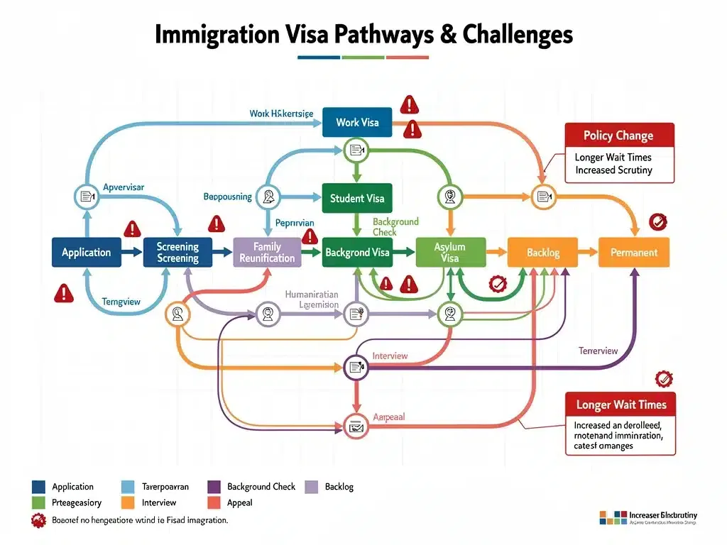 Infographic detailing complex visa categories and immigration processing pathways.