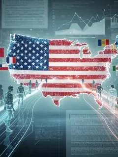 Global immigration policies converging with digital data streams and economic charts.