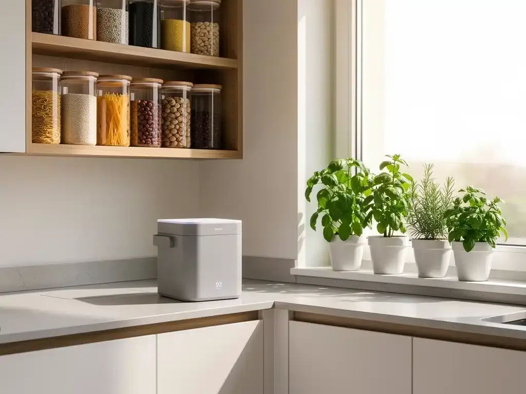 Eco-friendly kitchen with smart composting and reusable containers for sustainable living