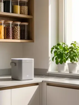 Eco-friendly kitchen with smart composting and reusable containers for sustainable living