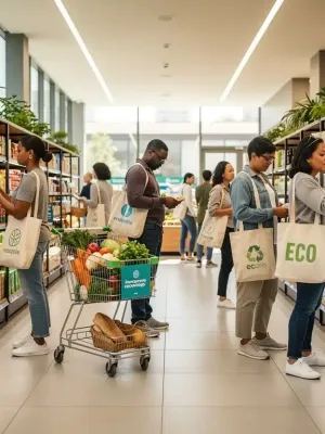 Shoppers choosing sustainable products in a modern, eco-friendly supermarket in 2026.