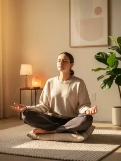Person practicing deep breathing for stress reduction in a calm, sunlit room, symbolizing peace.