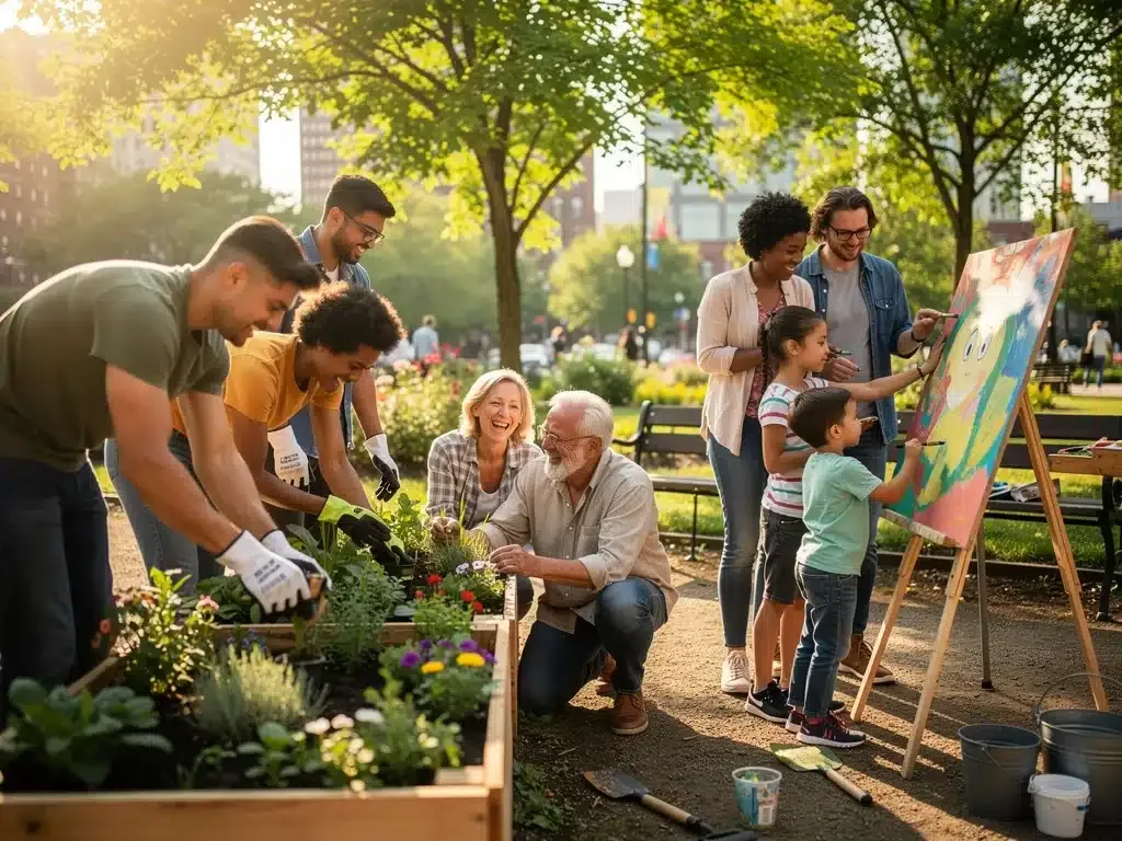 Diverse group of people laughing while tending to a community garden, illustrating the social benefits of shared hobbies.