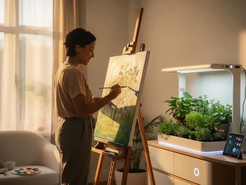 Person smiling while painting a canvas, surrounded by vibrant colors, symbolizing the joy of new hobbies in 2026.