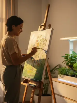 Person smiling while painting a canvas, surrounded by vibrant colors, symbolizing the joy of new hobbies in 2026.