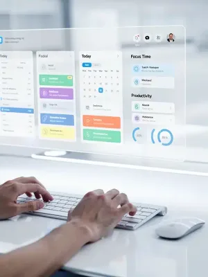 Futuristic desk setup with holographic schedule and productivity tools, symbolizing advanced time management techniques for 2026.
