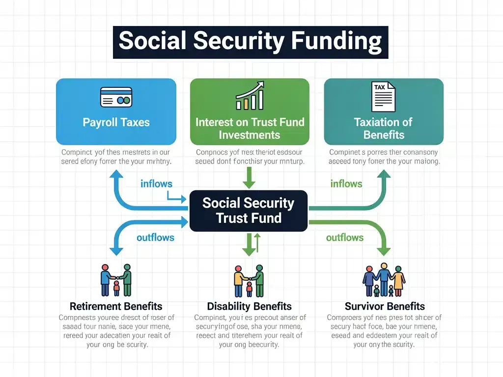 Infographic detailing Social Security funding sources and expenditures.