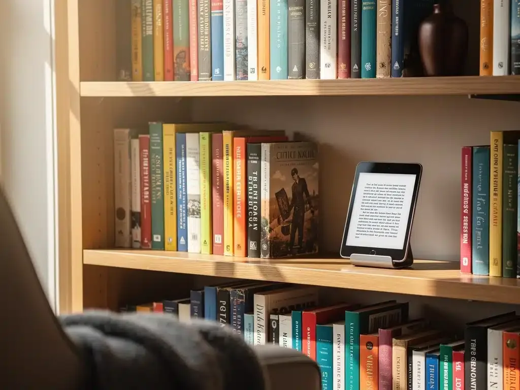 Diverse book collection with physical and e-books on a shelf
