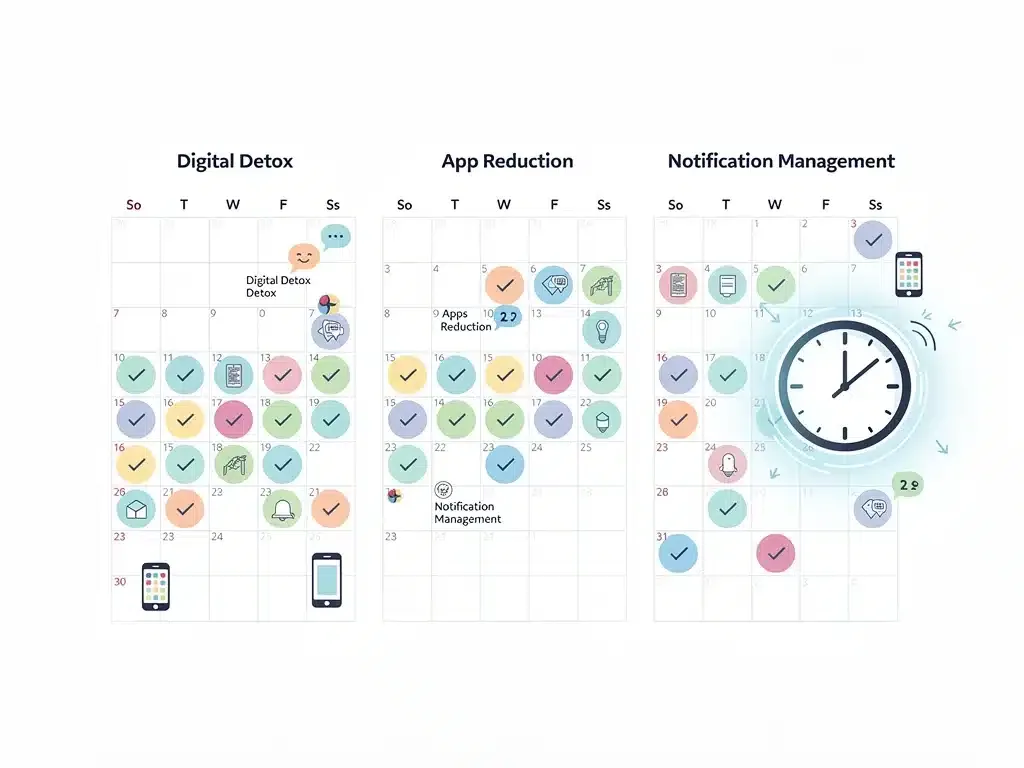 3-month calendar plan for digital declutter showing progress and time-saving goals.