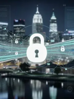 Secure digital data flowing through a network, symbolizing new federal privacy laws in 2026.