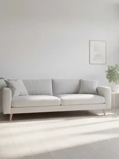 Minimalist living room with natural light and organized space.