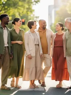 Diverse individuals wearing stylish sustainable fashion in an urban park, embodying eco-friendly choices for 2026.