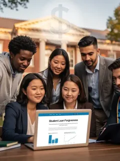 Students reviewing federal student loan forgiveness details on a laptop