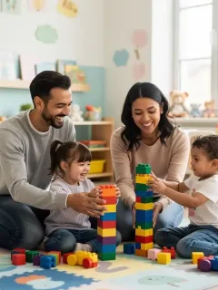 Happy family enjoying affordable childcare in a modern facility.