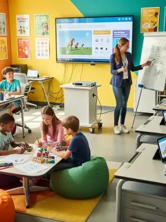 Students actively engaged in a modern, technology-rich classroom with flexible seating.