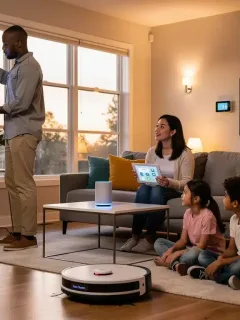 Family engaging with AI-powered smart home devices in a modern living room.