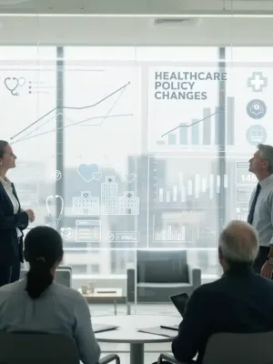 Diverse individuals reviewing 2026 healthcare policy updates on a screen