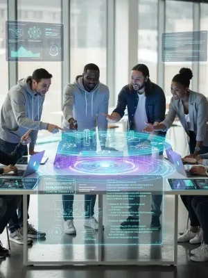 U.S. developers collaborating on Web3 architecture on a holographic display in 2026