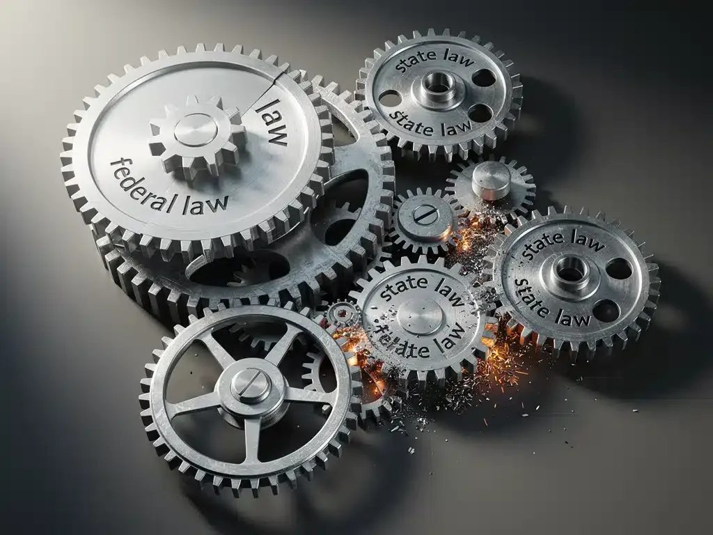 Interlocking gears representing the complex relationship between federal and state election laws.