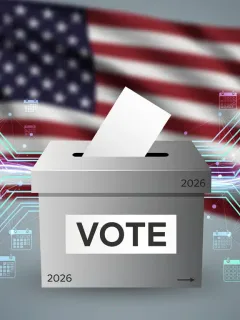 Stylized ballot box with US flag and digital connections representing voting rights legislation.
