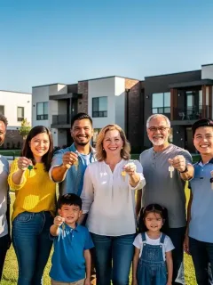 Diverse families celebrating new homeownership in front of an affordable housing community.