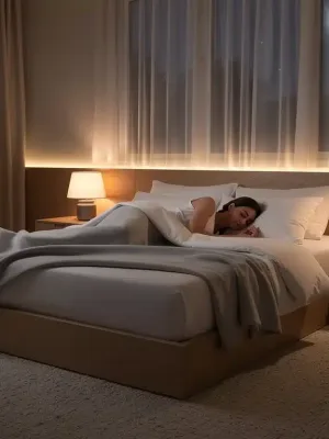 Serene bedroom with person sleeping soundly, depicting optimal rest and modern sleep environment.