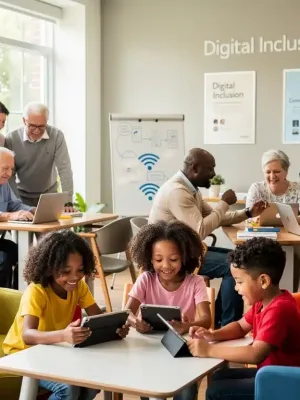 Diverse community members engaging with technology, symbolizing digital inclusion