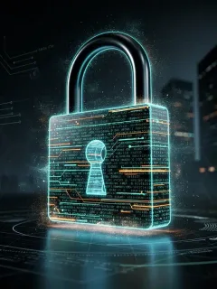 Digital padlock formed by code lines, symbolizing cybersecurity protection for businesses.