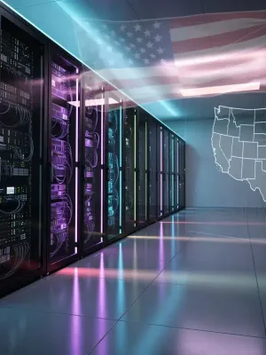 Futuristic server room with glowing lights symbolizing Edge AI deployment for U.S. enterprises.