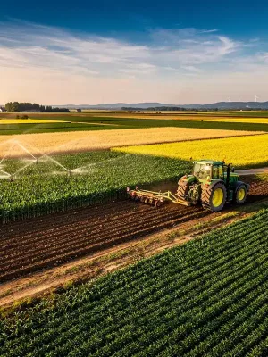 Vast green agricultural field with a tractor, symbolizing the 2026 Farm Bill's impact on farming.