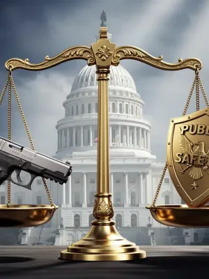 Scales of justice with firearm and public safety shield, US Capitol backdrop, representing federal gun control debate.