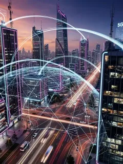 Futuristic city connected by 5G networks, symbolizing business growth