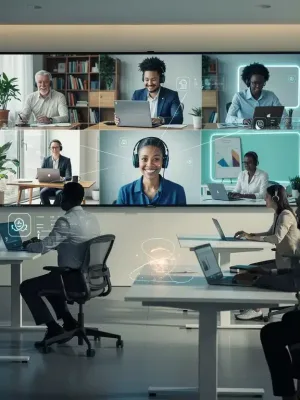 Professionals collaborating across remote and in-office settings in a futuristic workplace.