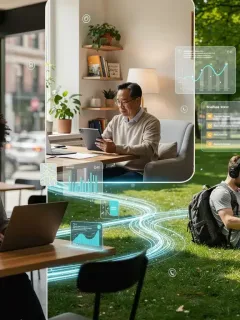 Diverse gig workers collaborating remotely with advanced digital tools, symbolizing the flexible and tech-driven future of work.