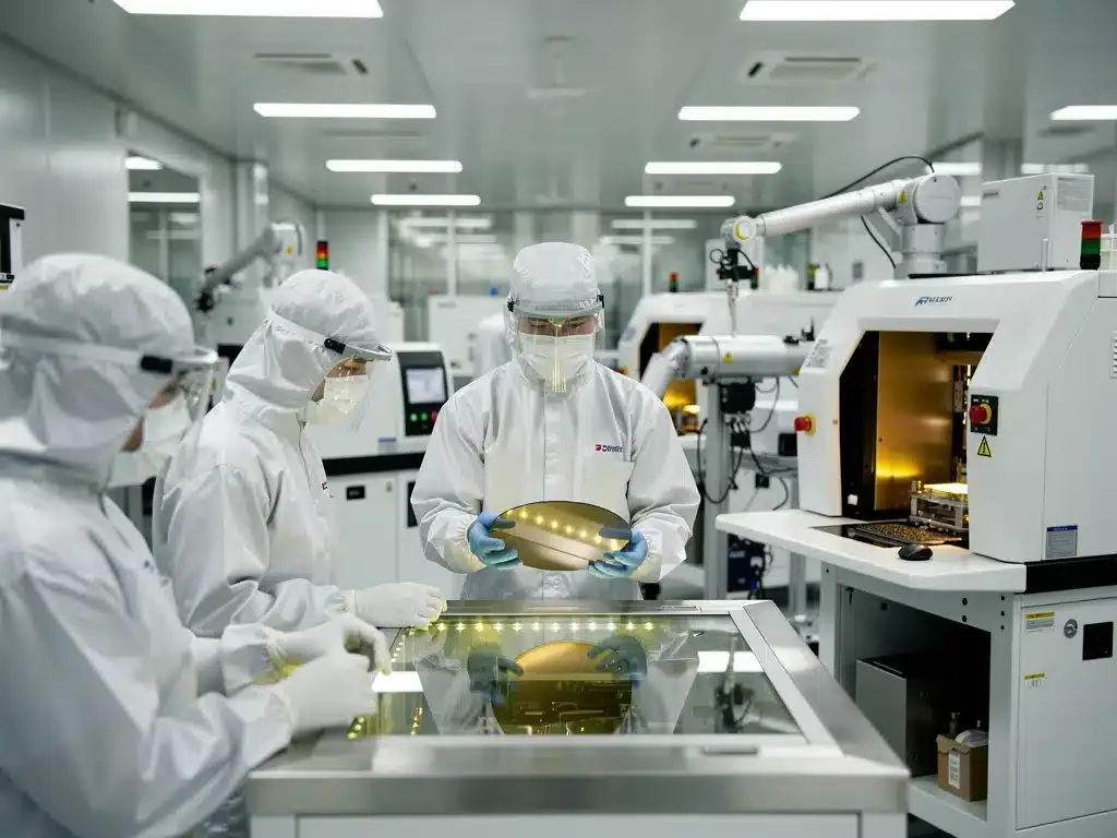 Engineers inspecting silicon wafers in a cleanroom, symbolizing advanced manufacturing