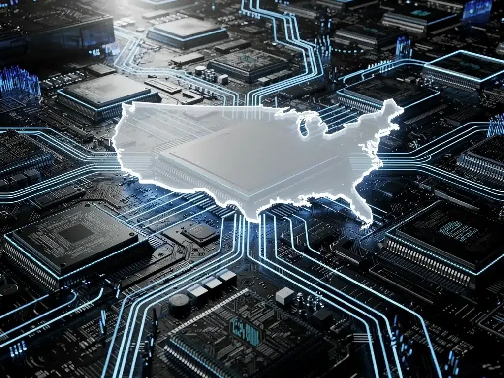 Advanced semiconductor chips and US map outline, symbolizing national tech resilience