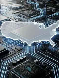 Advanced semiconductor chips and US map outline, symbolizing national tech resilience