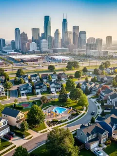 Modern suburban neighborhood with green spaces near a city skyline, illustrating demographic shifts.