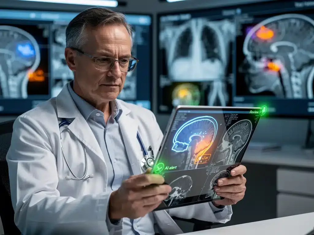 Doctor using AI for medical image analysis and enhanced diagnostics.