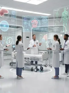 AI-powered diagnostic tools in a modern U.S. healthcare facility, showing data analysis.