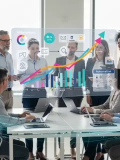 Small business owners reviewing AI automation dashboards for efficiency