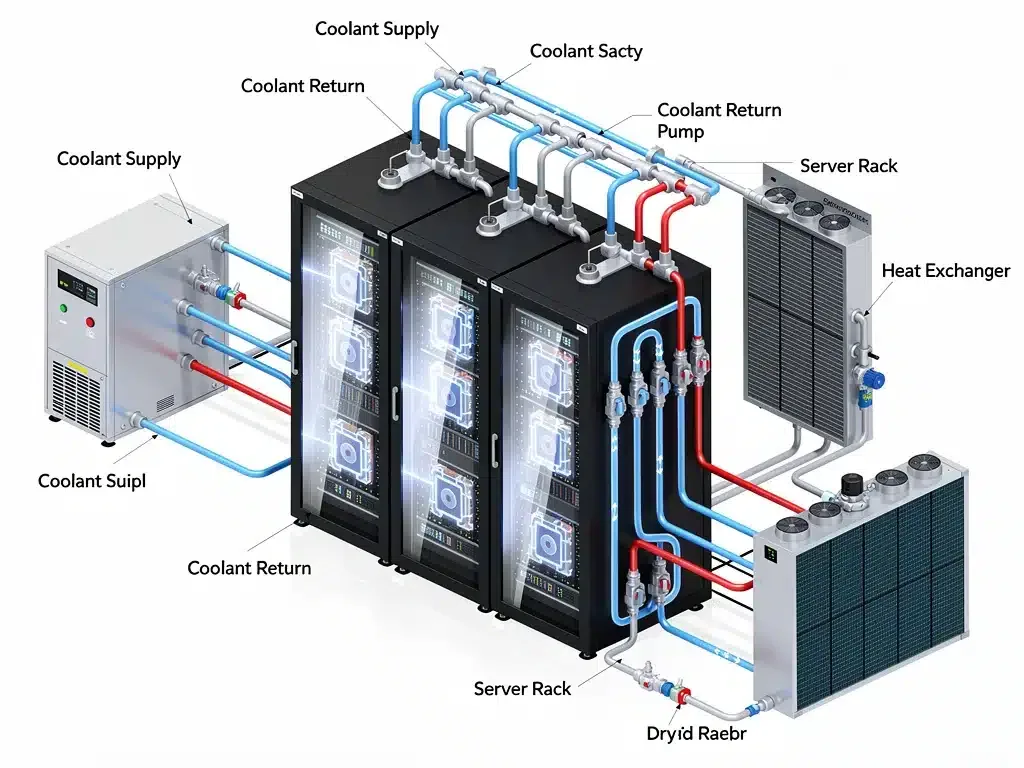 Diagram of advanced liquid cooling for data center server racks
