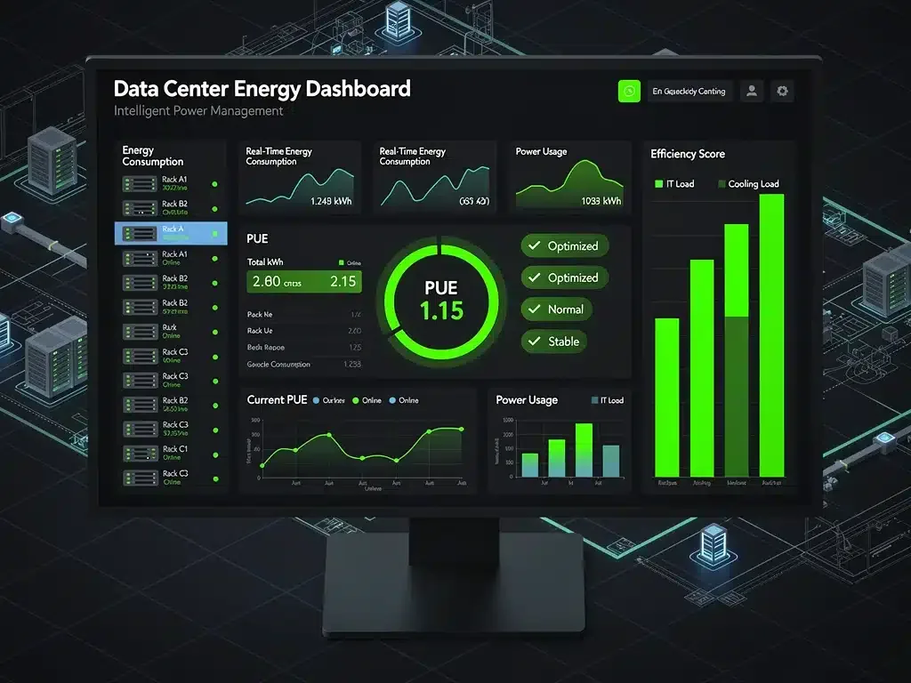 Data center energy monitoring dashboard showing PUE and consumption