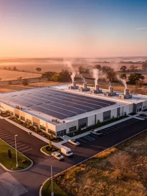 Modern U.S. data center with solar panels and efficient cooling systems