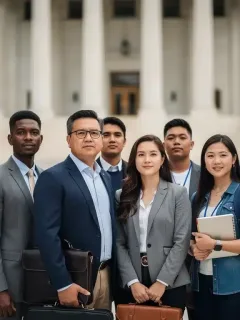 Diverse group of people symbolizing inclusion, with courthouse in background