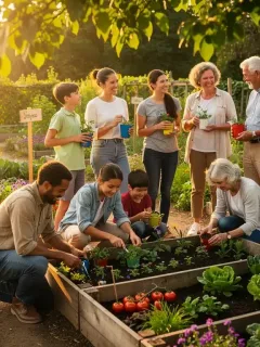 Diverse community members engaging in a vibrant community garden, fostering connections